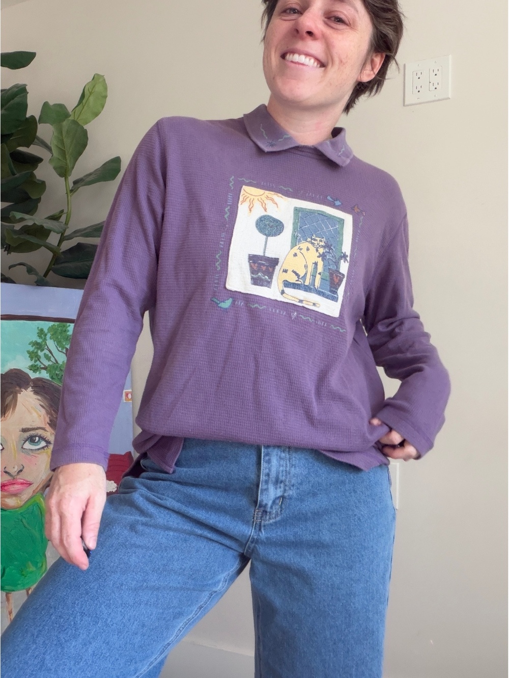 Vintage 90s cat sweatshirt with collar handmade